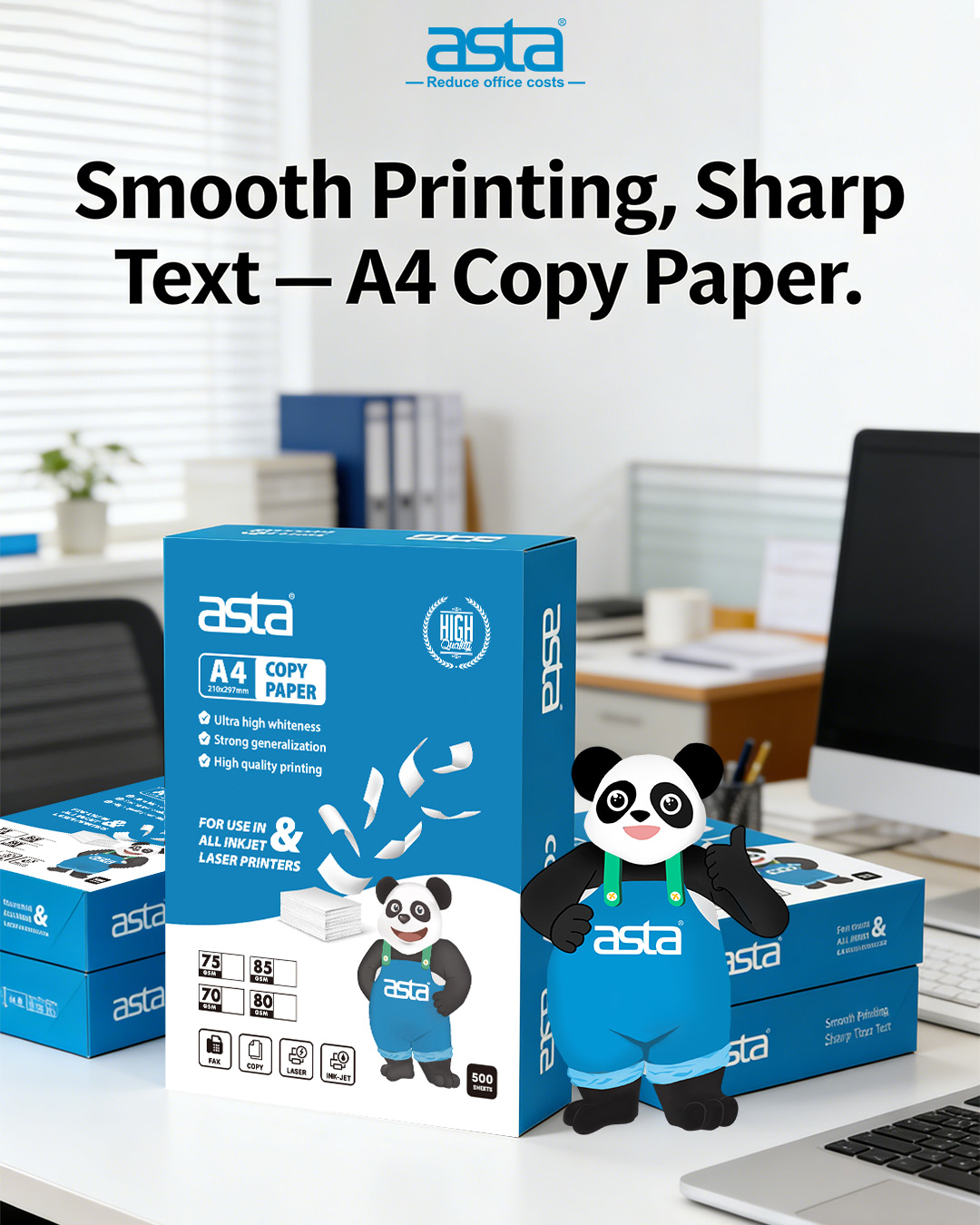 An ASTA office-themed poster showing ASTA A4 copy paper boxes on a desk in a bright office environment, with the headline “Smooth Printing, Sharp Text — A4 Copy Paper” and a panda mascot beside the product packaging.