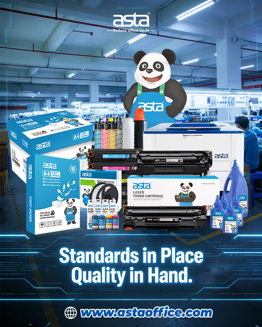 An ASTA promotional poster set in a factory-style environment, showing a wide range of ASTA office printing products including copy paper, toner cartridges, refill inks, toner bottles, and a printer, with a large panda mascot and the slogan “Standards in Place, Quality in Hand.”