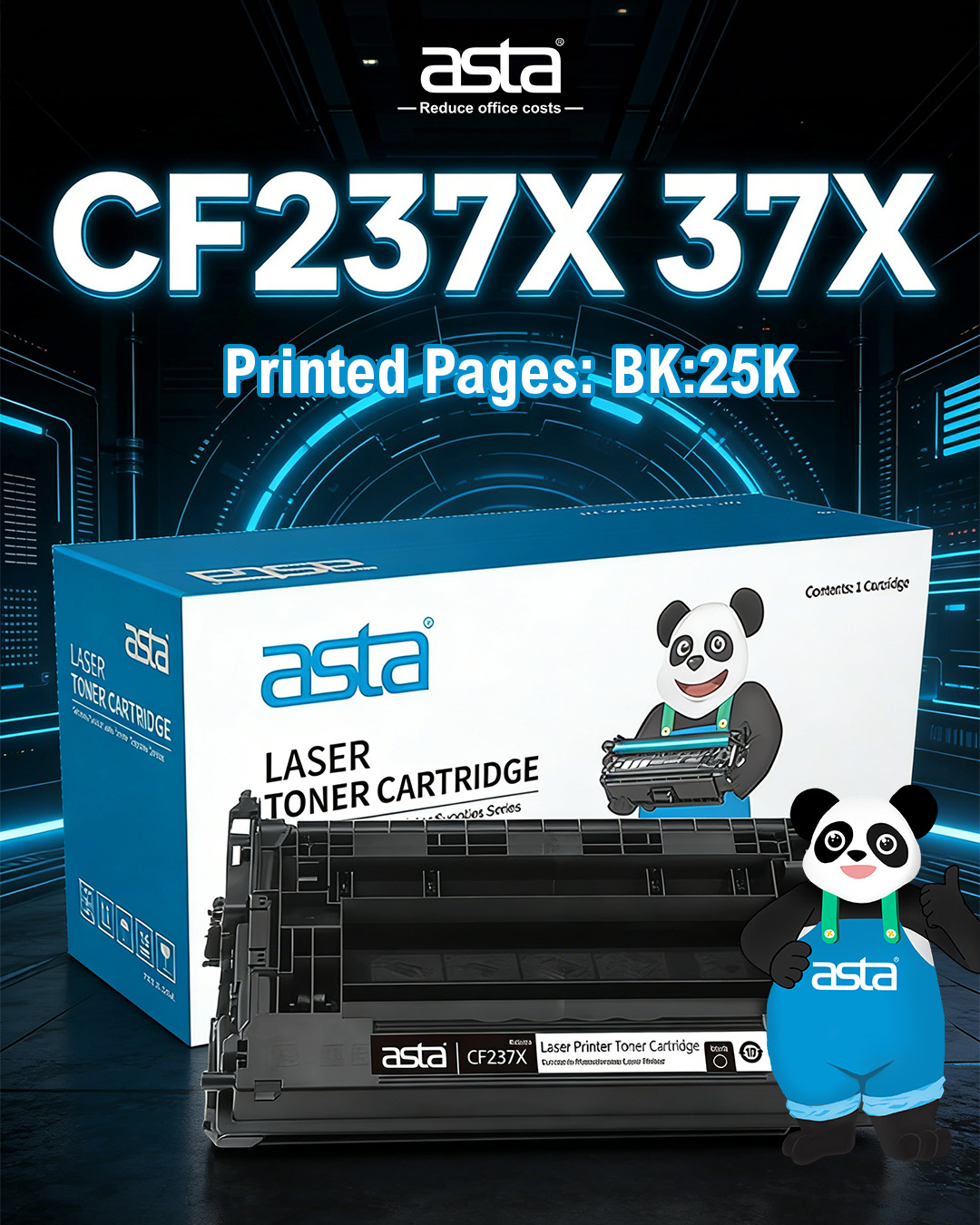 An ASTA promotional image featuring the CF237X toner cartridge and its box in a futuristic setting, with a panda mascot standing next to the product. The message "CF237X 37X - Printed Pages: BK: 25K" is clearly visible.