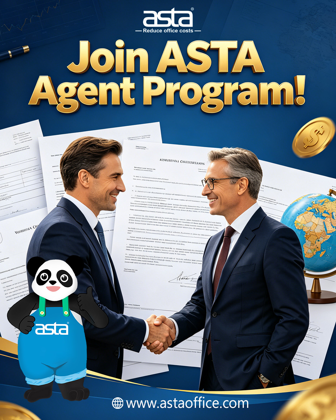 An ASTA business partnership poster showing two businessmen shaking hands, the ASTA panda mascot, documents in the background, and the headline “Join ASTA Agent Program!” with the ASTA website at the bottom.