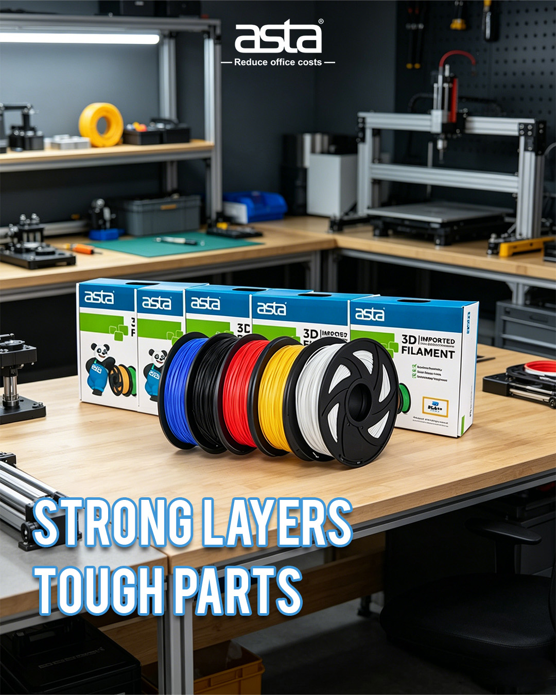 An ASTA promotional poster showing several spools of colorful 3D filament on a workbench in a workshop, with ASTA filament packaging in the background and the slogan “Strong Layers, Tough Parts.”