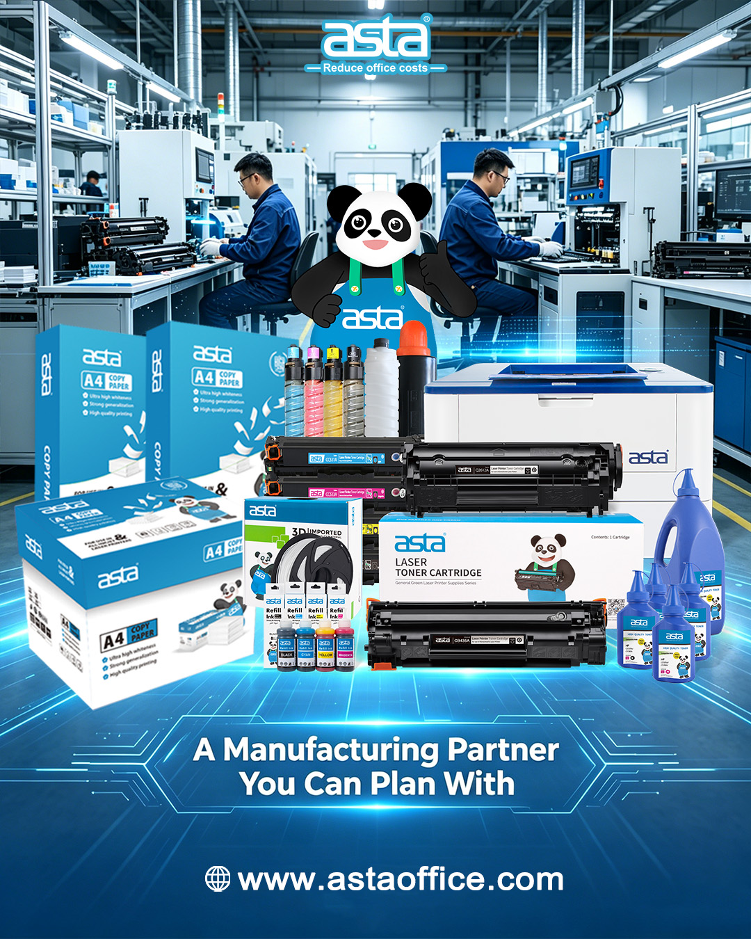 An ASTA promotional poster showing a manufacturing workshop background with staff at work, a full lineup of ASTA office and printing products in the foreground, and the message “A Manufacturing Partner You Can Plan With.”