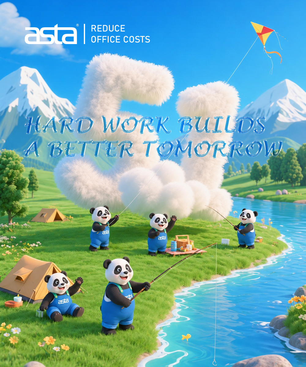 An ASTA Labor Day poster showing several ASTA panda mascots enjoying an outdoor riverside scene, flying a kite and fishing, with fluffy white clouds forming the number 51 and the message “Hard Work Builds a Better Tomorrow.”