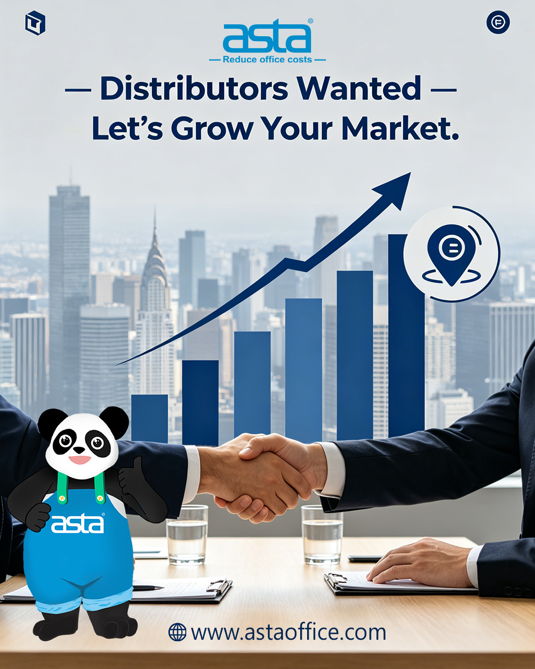An ASTA business development poster showing two people shaking hands in front of a rising bar chart and city skyline, with the message “Distributors Wanted — Let’s Grow Your Market” and the ASTA panda mascot.