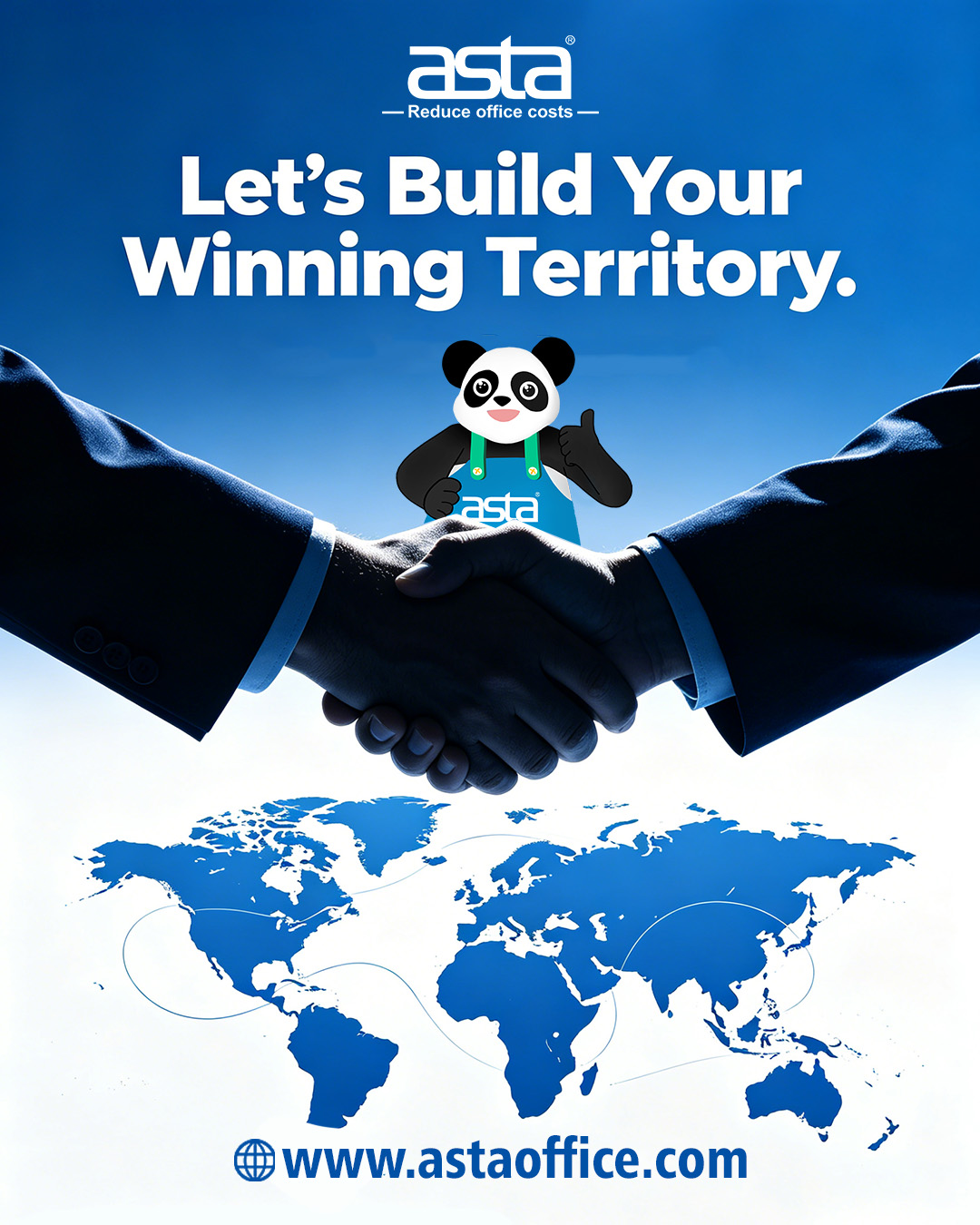 An ASTA business development poster showing a handshake over a world map, with the ASTA panda mascot and the message “Let’s Build Your Winning Territory.”