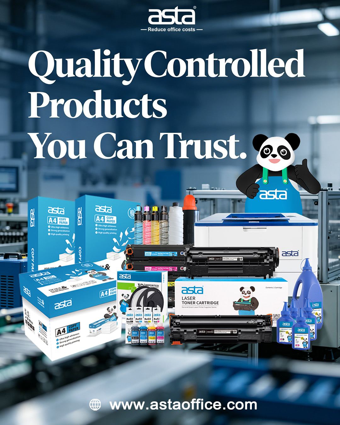 A comprehensive display of ASTA office printing products, including toner cartridges, ink bottles, and A4 copy paper, arranged in a modern office environment, highlighting