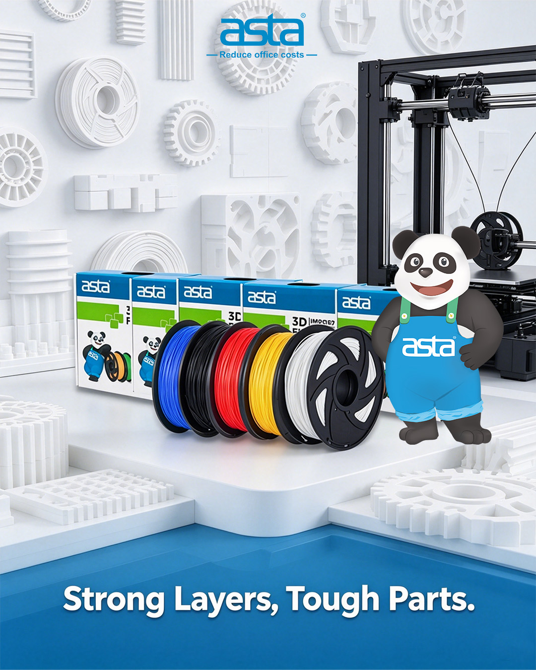A set of ASTA 3D printer filaments in multiple colors displayed in front of a 3D printer with mechanical gears in the background.