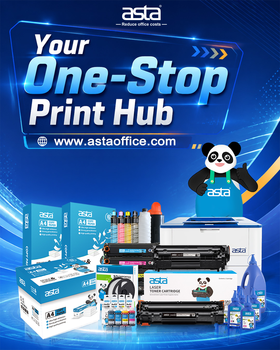 A display of ASTA products including laser toner cartridges, ink cartridges, 3D printing filaments, and A4 copy paper, highlighting a one-stop print hub.