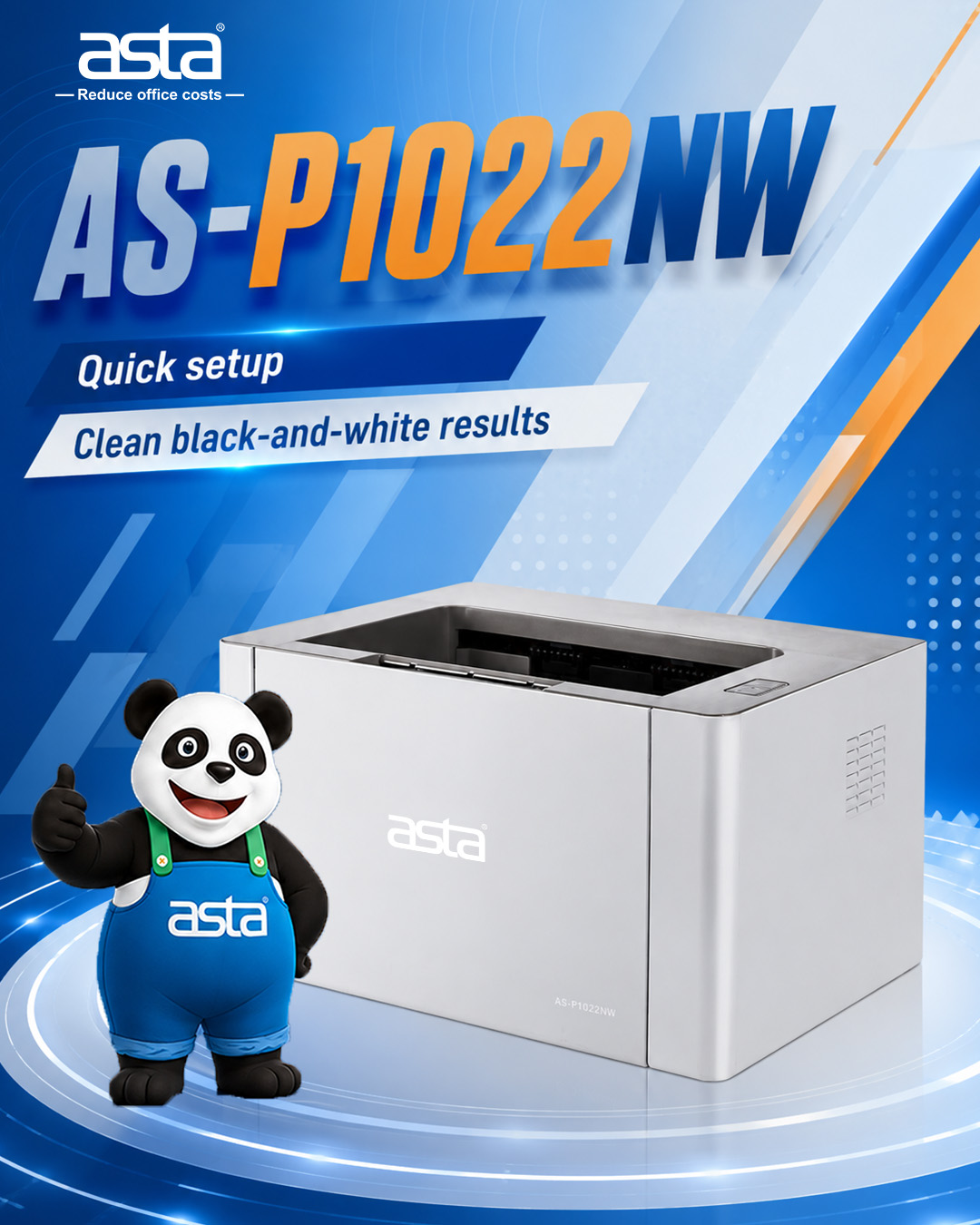 An ASTA printer poster showing the AS-P1022NW monochrome printer with the phrases “Quick setup” and “Clean black-and-white results,” alongside the ASTA panda mascot.