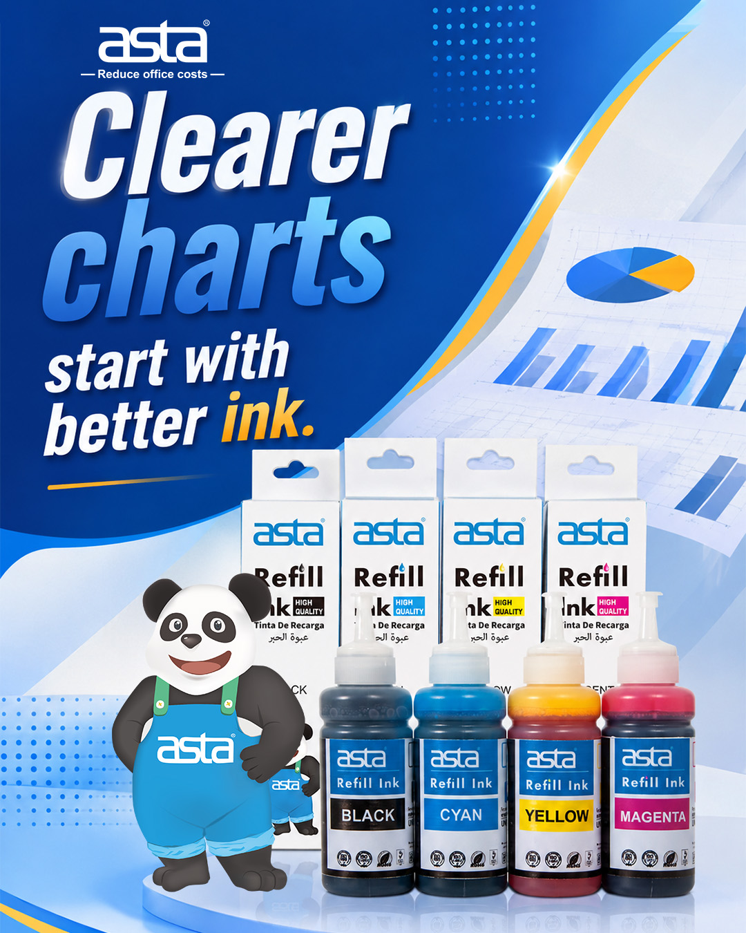 An ASTA refill ink poster showing black, cyan, yellow, and magenta ink bottles with matching boxes, alongside charts in the background and the message “Clearer charts start with better ink,” with the ASTA panda mascot.