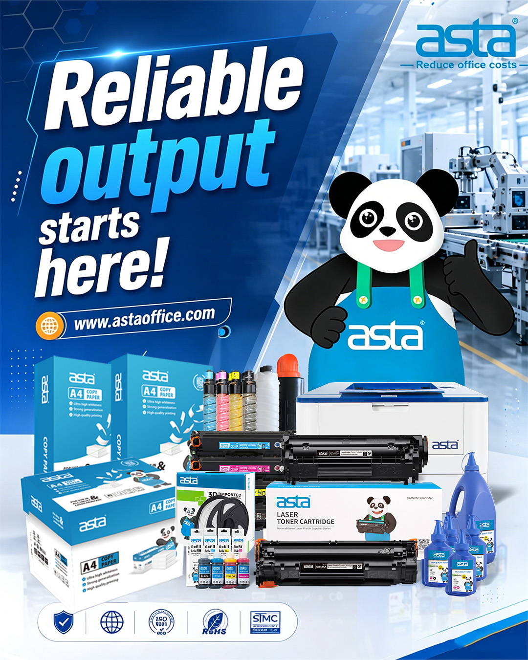 An ASTA promotional poster showing a full lineup of office and printing supplies, including copy paper, toner cartridges, refill inks, toner bottles, a printer, and 3D filament, with the message “Reliable output starts here!”