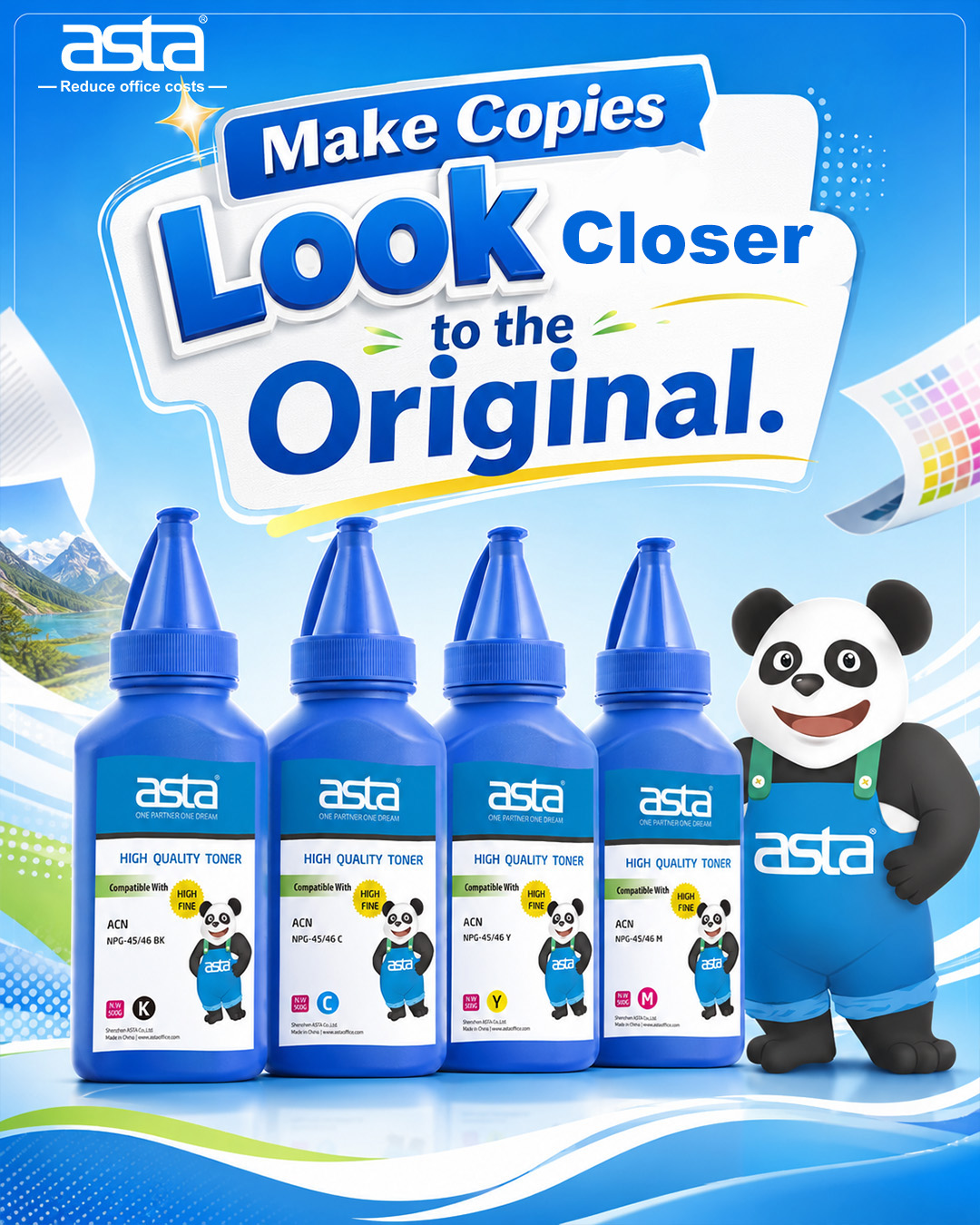 An ASTA promotional poster showing four toner bottles in black, cyan, yellow, and magenta, with the message “Make Copies Look Closer to the Original” and the ASTA panda mascot.