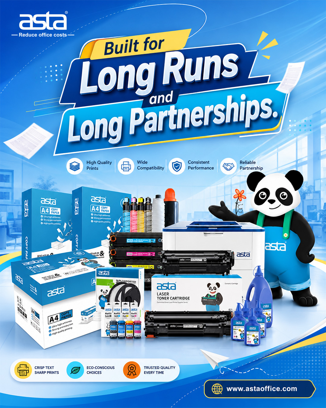 An ASTA promotional poster showing a full lineup of printing products, including A4 copy paper, toner cartridges, refill ink, toner powder, a printer, and 3D filament, with the slogan “Built for Long Runs and Long Partnerships” and icons highlighting print quality, compatibility, performance, and partnership.