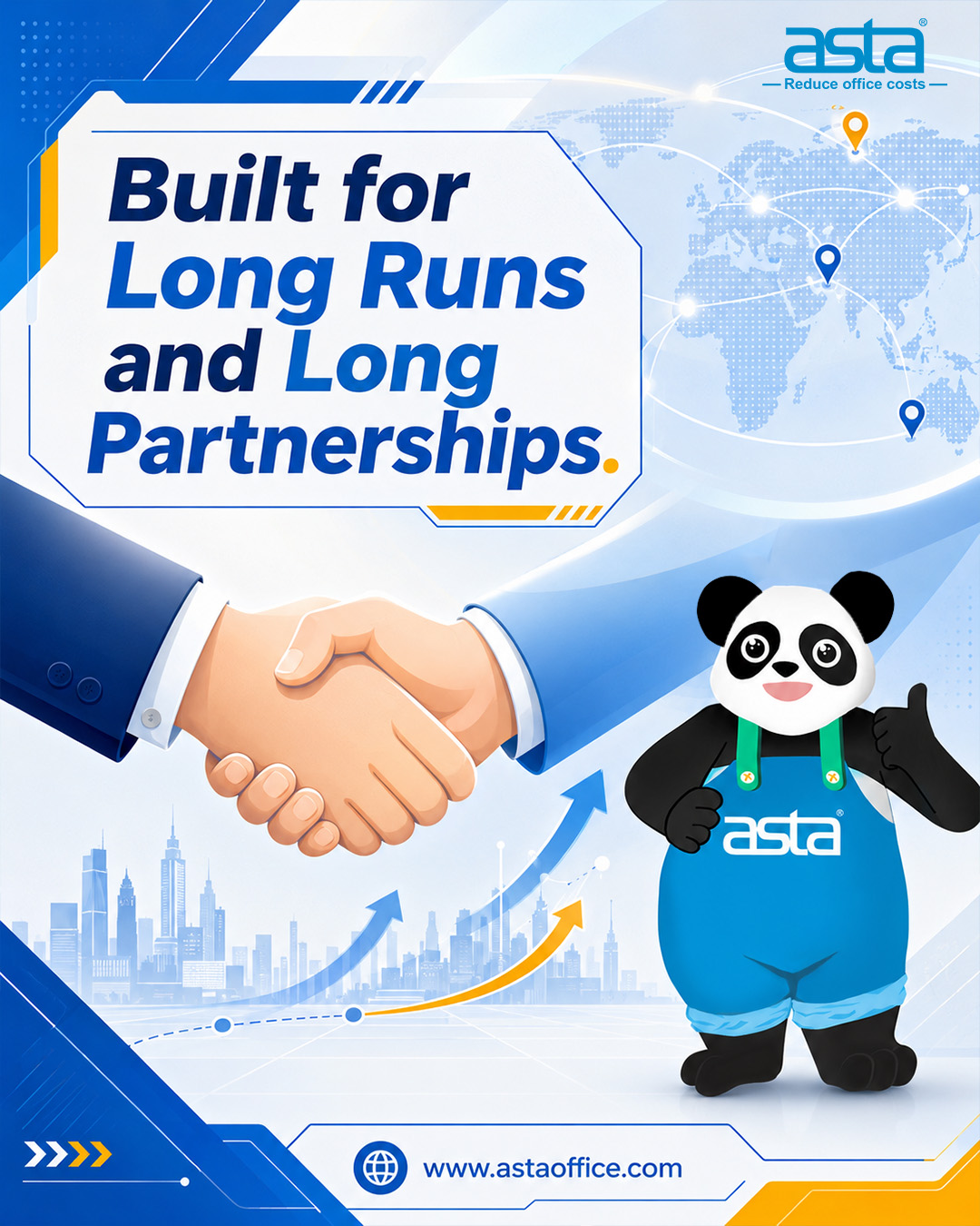 An ASTA promotional poster featuring a handshake, global map connections, rising arrows, and the ASTA panda mascot, with the message “Built for Long Runs and Long Partnerships.”