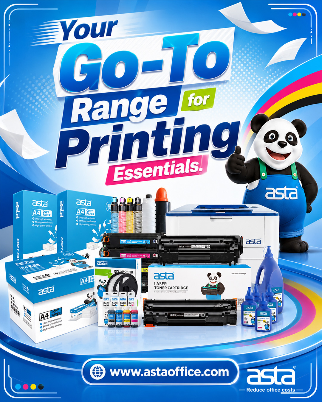 An ASTA promotional poster showing a wide range of printing essentials, including copy paper, toner cartridges, refill ink, toner powder, filament, and a printer, with the ASTA panda mascot on a bright blue background.
