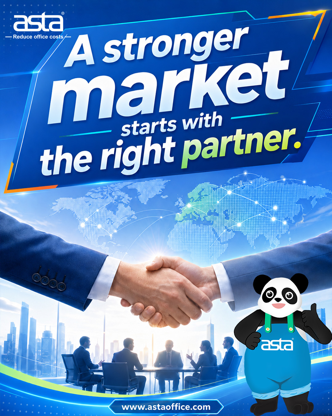 An ASTA recruitment poster for global agents showing a full lineup of printing supplies on a pink business-style background with the ASTA panda mascot and a global partnership theme.