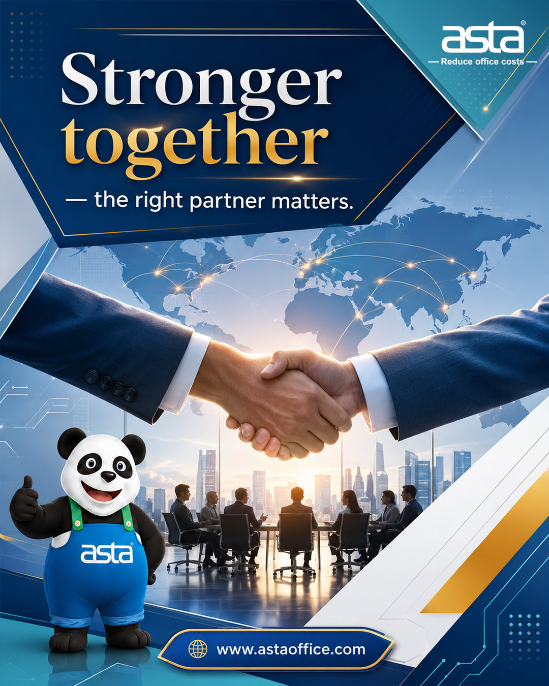 ASTA global partnership poster showing handshake over city background, symbolizing international cooperation and business growth.