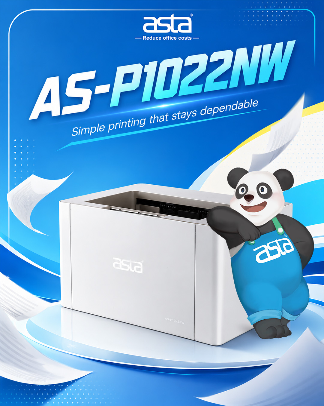 ASTA branding visual showing a modern office printing environment representing stable printing systems as part of business infrastructure and workflow continuity.