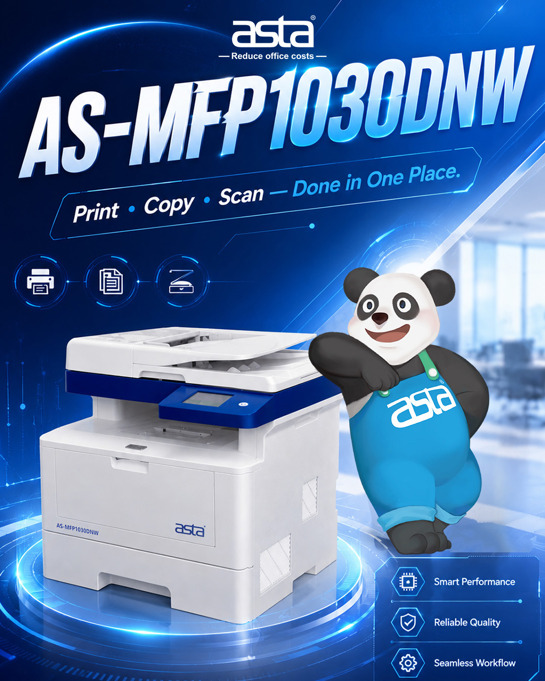 An ASTA promotional poster featuring the AS-MFP1030DNW multifunction printer with print, copy, and scan functions highlighted in a modern blue office-tech setting.