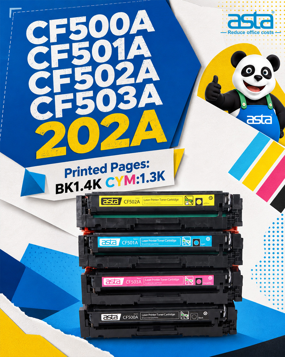 An ASTA promotional poster showing CF500A, CF501A, CF502A, and CF503A color toner cartridges under the 202A series with BK 1.4K and CYM 1.3K page yield information for everyday office color printing.