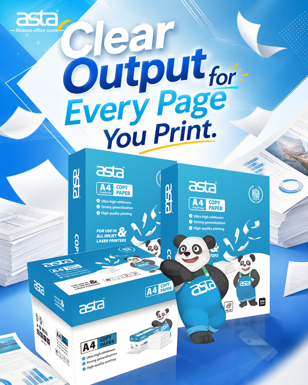 ASTA A4 Copy Paper boxes and paper stacks displayed with printed documents, highlighting clear output and reliable office printing performance.