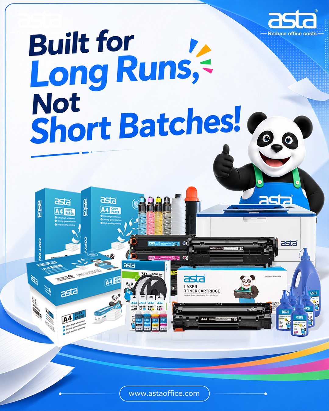 ASTA complete printing solutions poster featuring copy paper, toner cartridges, refill ink, printer, toner powder, and 3D filament products for continuous business printing needs.