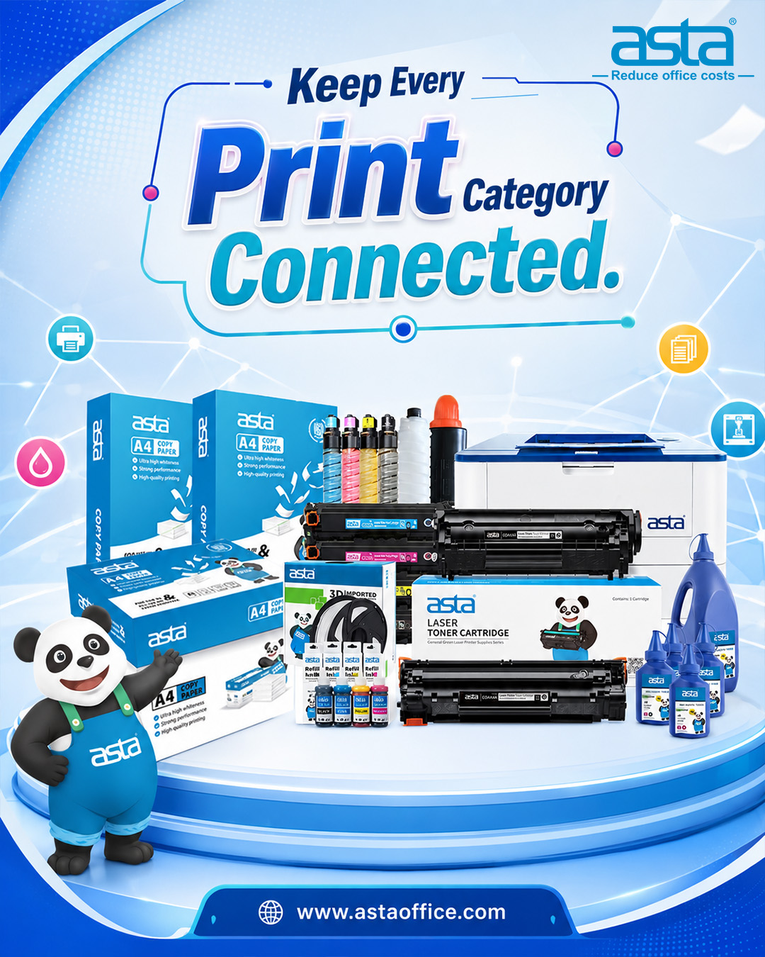 ASTA complete printing ecosystem poster showing copy paper, toner cartridges, refill ink, printer, toner powder, and 3D filament connected as one printing solution.