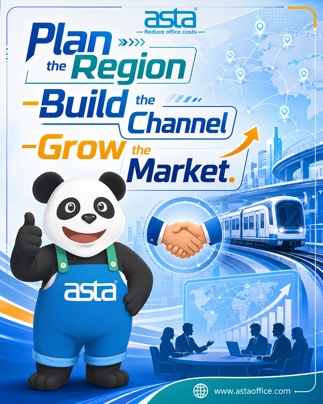 ASTA partnership poster showing global market planning, business handshake, growth chart, and channel development concept for distributors and regional partners.