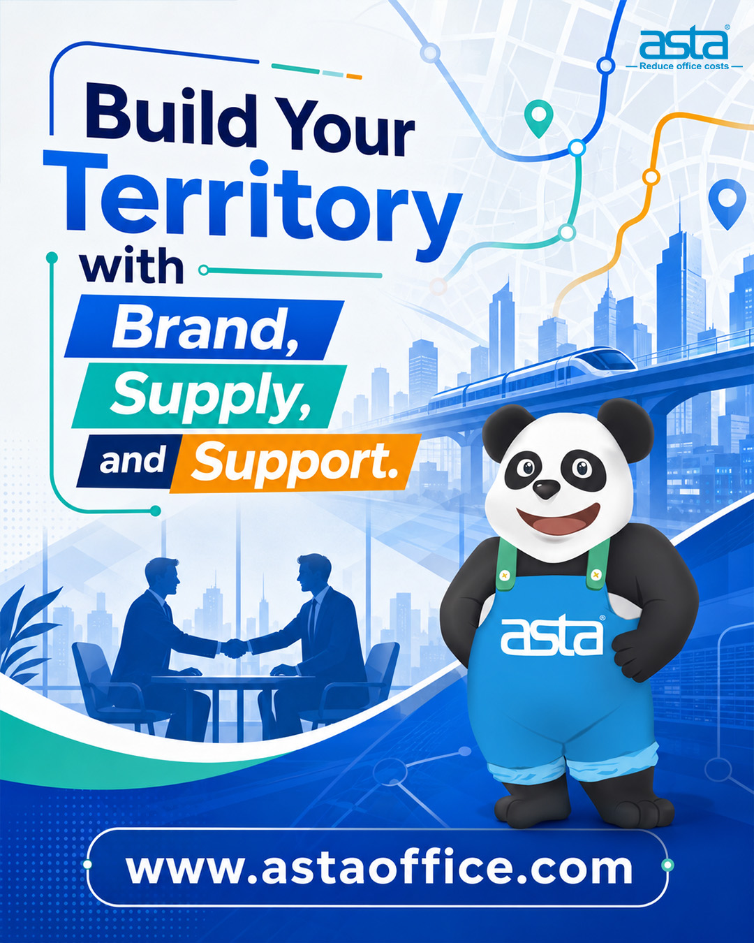 ASTA partnership poster showing business cooperation, global market connection, and the concept of building a territory through brand, supply, and support.