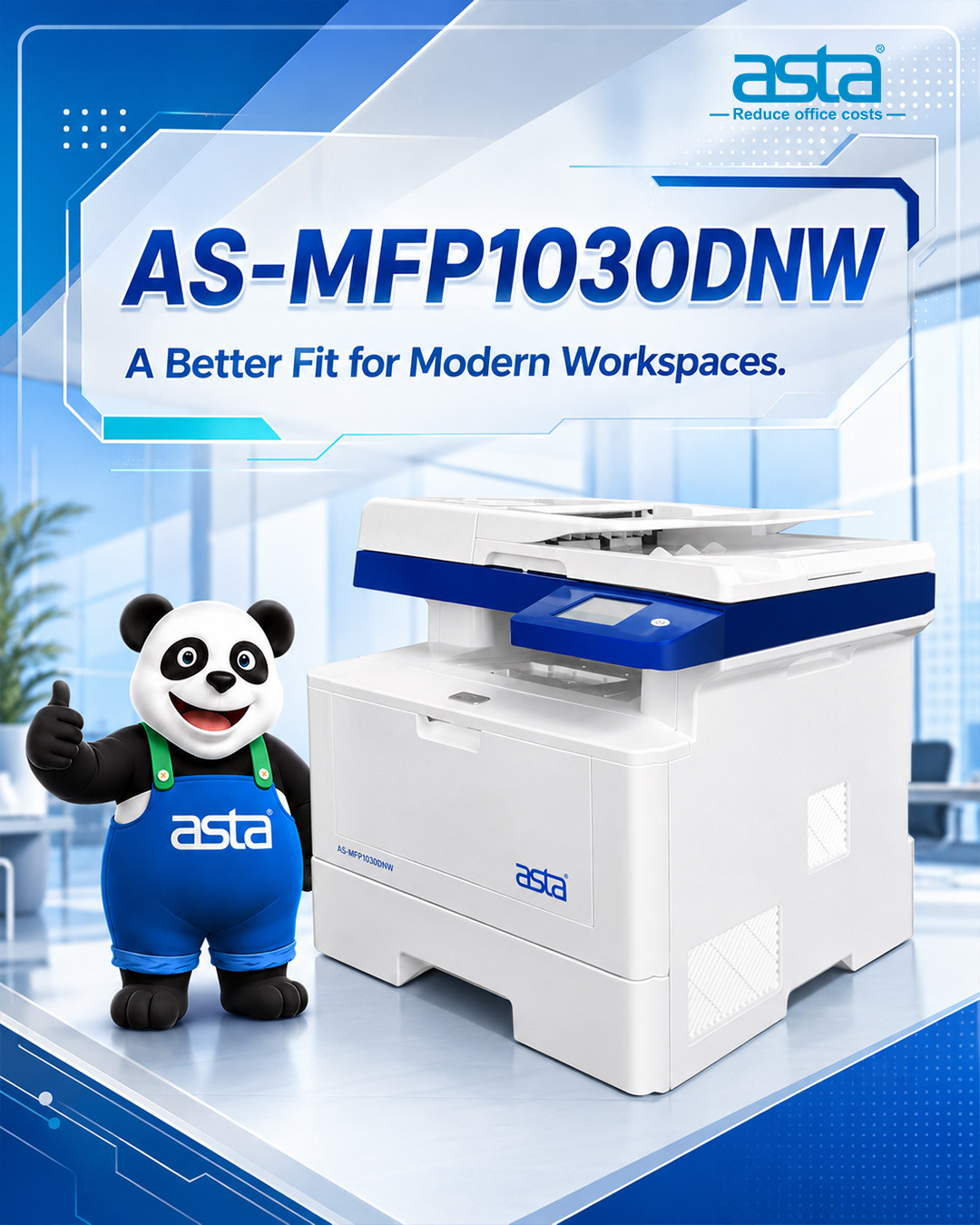 ASTA AS-MFP1030DNW multifunction printer poster showing a modern office environment and multifunction printing solution for business workflows.