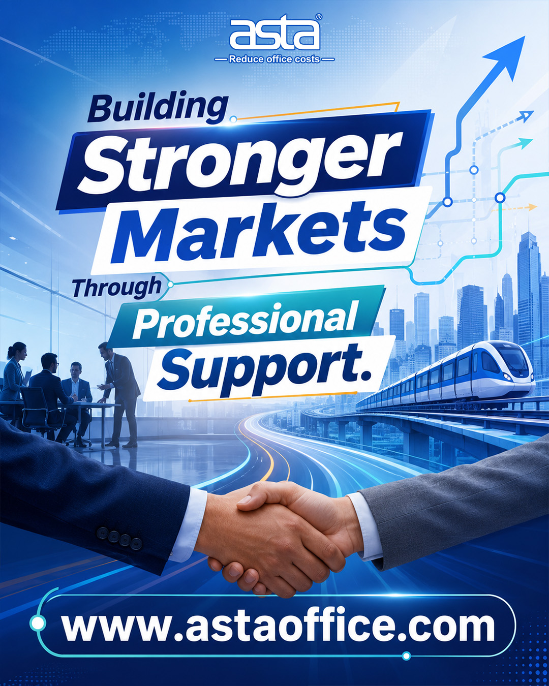 ASTA strategic partnership poster showing business handshake, market growth concept, and professional support for distributors and business partners.