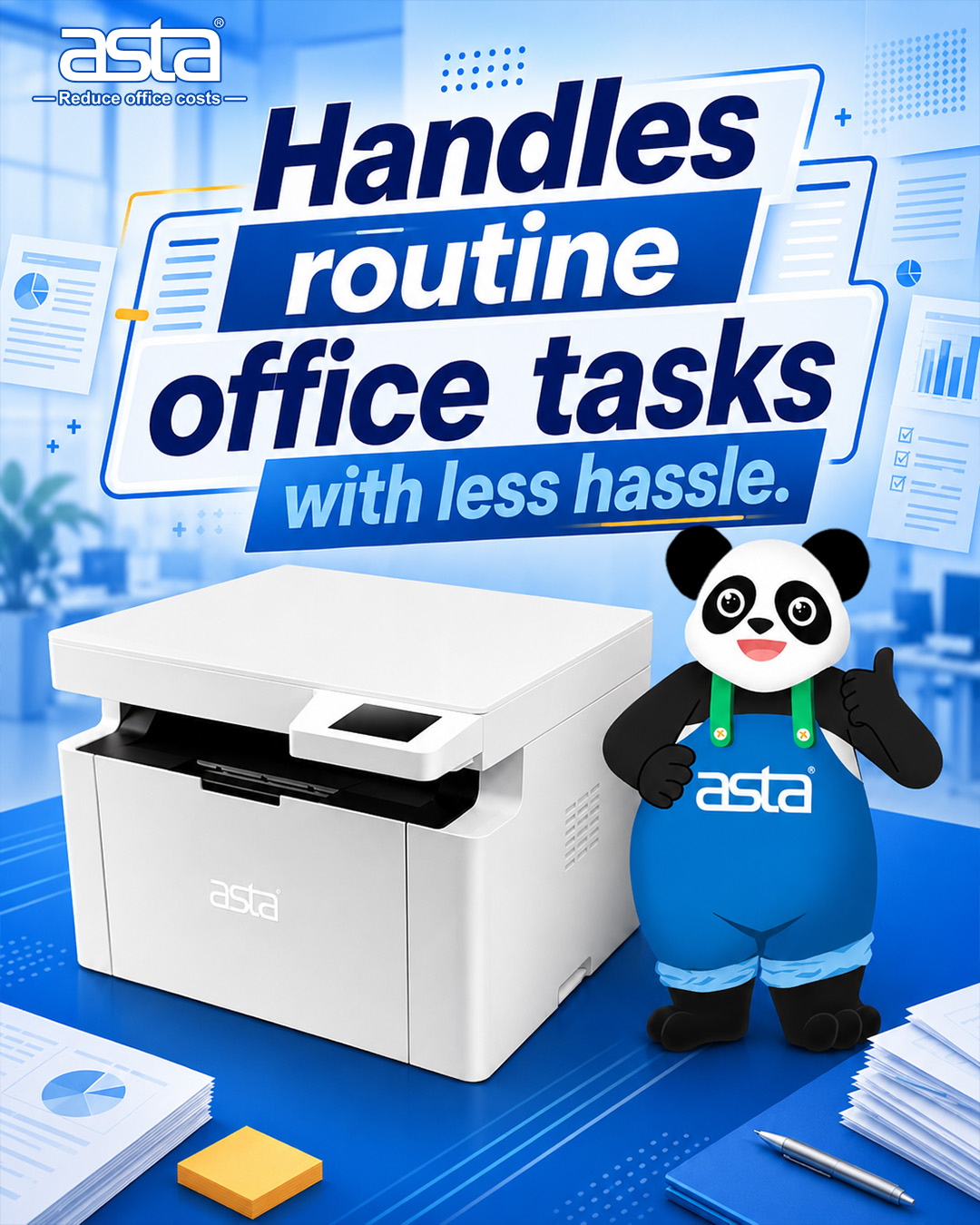 ASTA office printer poster showing a modern workspace with a printer designed for easier document handling and smoother daily office workflows.
