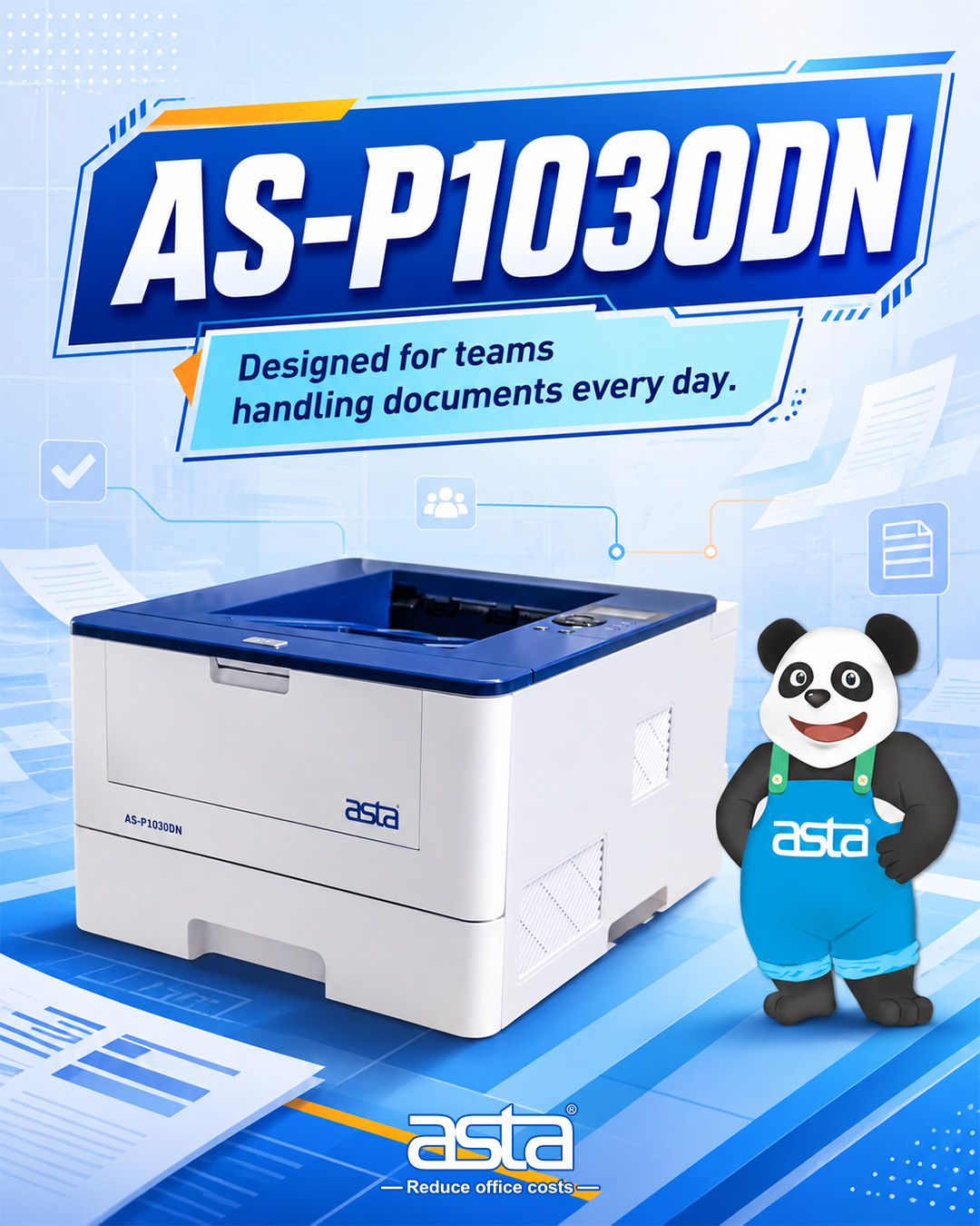 ASTA AS-P1030DN office printer poster showing a modern workplace environment and a printer designed for daily team document handling.
