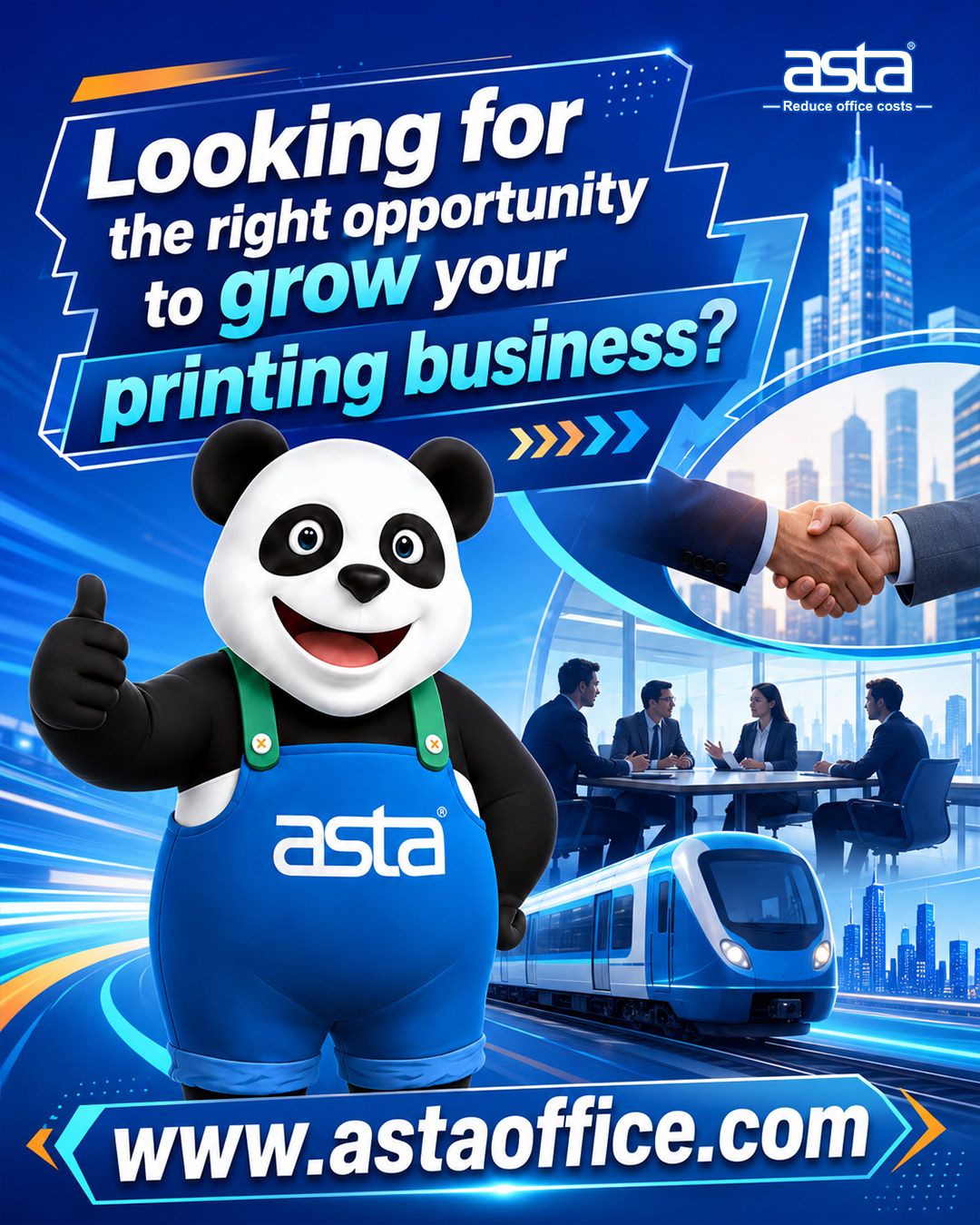 ASTA partnership poster showing business handshake, global market opportunities, and professional cooperation for printing business growth.