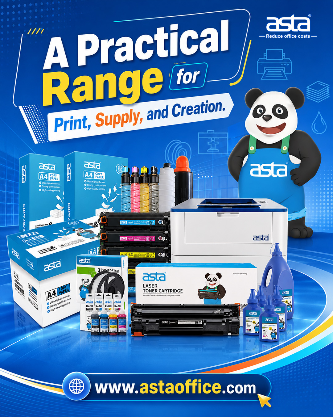 ASTA complete printing solutions poster showing A4 copy paper, toner cartridges, refill ink, toner powder, printer, and 3D filament with the ASTA panda mascot, highlighting a practical range for print, supply, and creation.