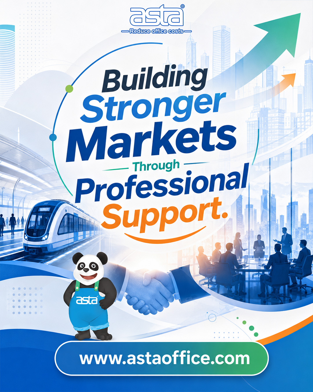 ASTA partnership poster showing business handshake, city growth background, meeting scene, upward arrow, and ASTA panda mascot, highlighting professional support for stronger markets.
