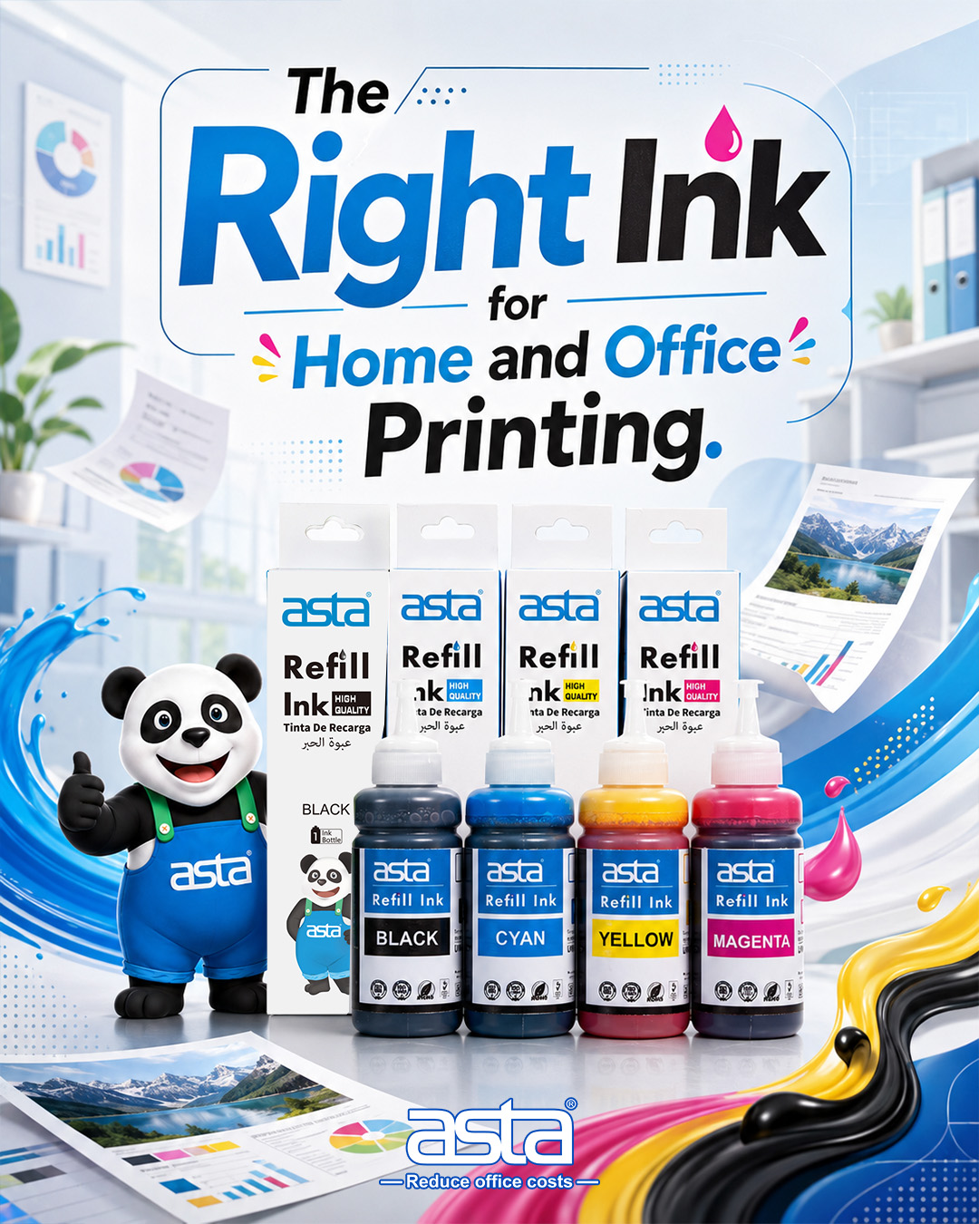 ASTA refill ink poster showing black, cyan, yellow, and magenta ink bottles with packaging, office documents, colorful ink graphics, and the ASTA panda mascot for home and office printing.