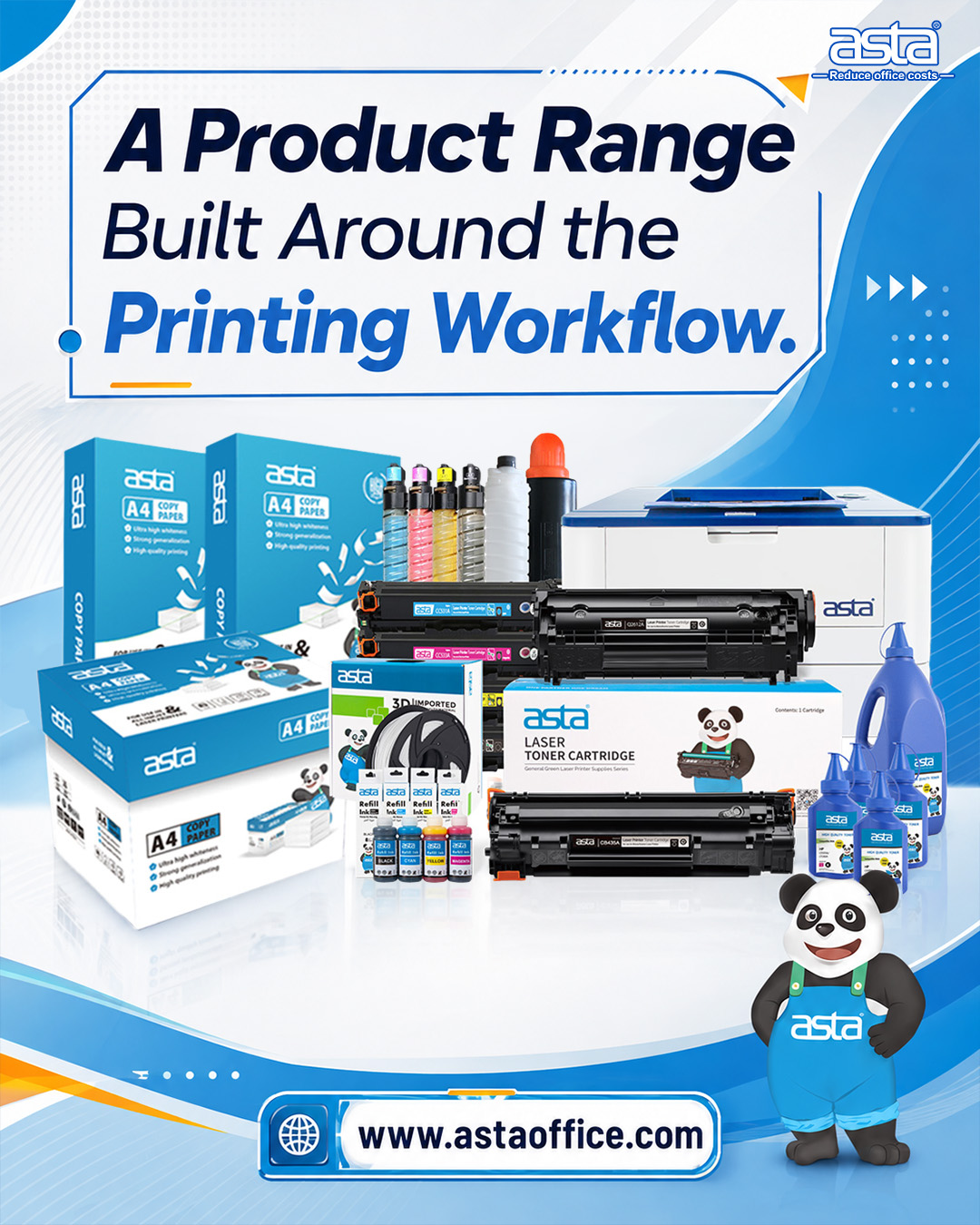 ASTA product range poster showing A4 copy paper, toner cartridges, refill ink, toner powder, printer, and 3D filament with the ASTA panda mascot, highlighting a complete product range built around the printing workflow.