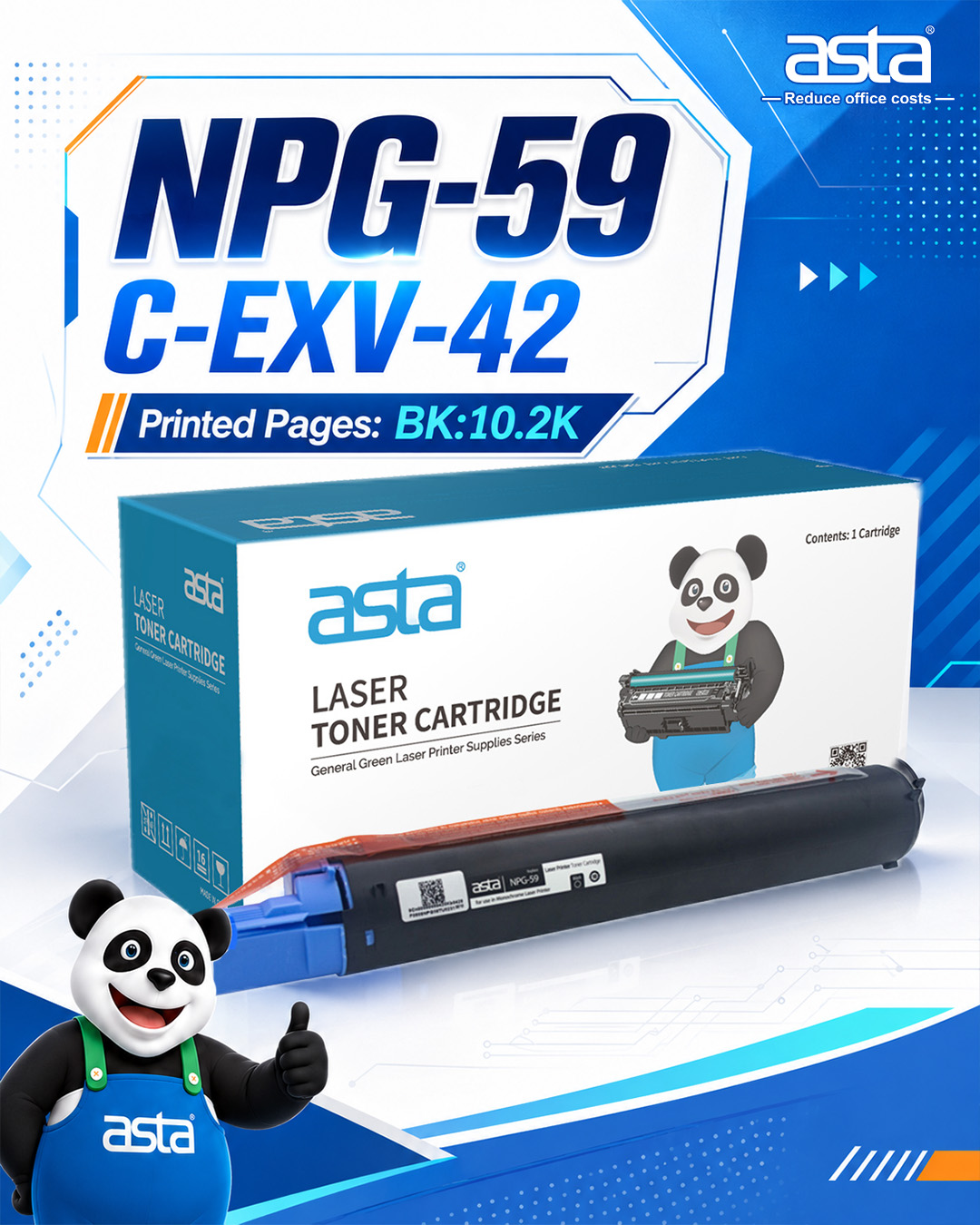 ASTA NPG-59 and C-EXV-42 toner cartridge poster showing a laser toner cartridge, product box, BK 10.2K printed pages, and the ASTA panda mascot in a blue technology-style design.