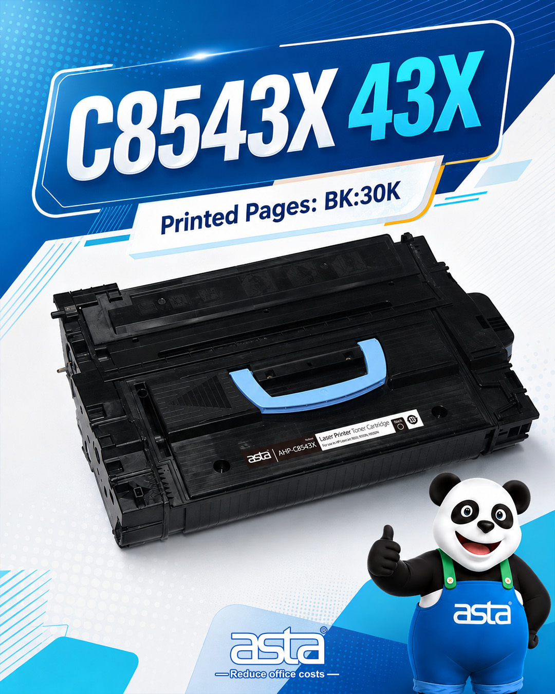 ASTA C8543X / 43X toner cartridge poster showing a black laser toner cartridge with BK 30K printed pages, blue technology-style background, and the ASTA panda mascot.