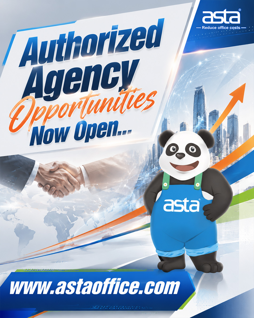 ASTA authorized agency poster showing the ASTA panda mascot, handshake partnership image, city business background, growth arrow, and the message “Authorized Agency Opportunities Now Open.”