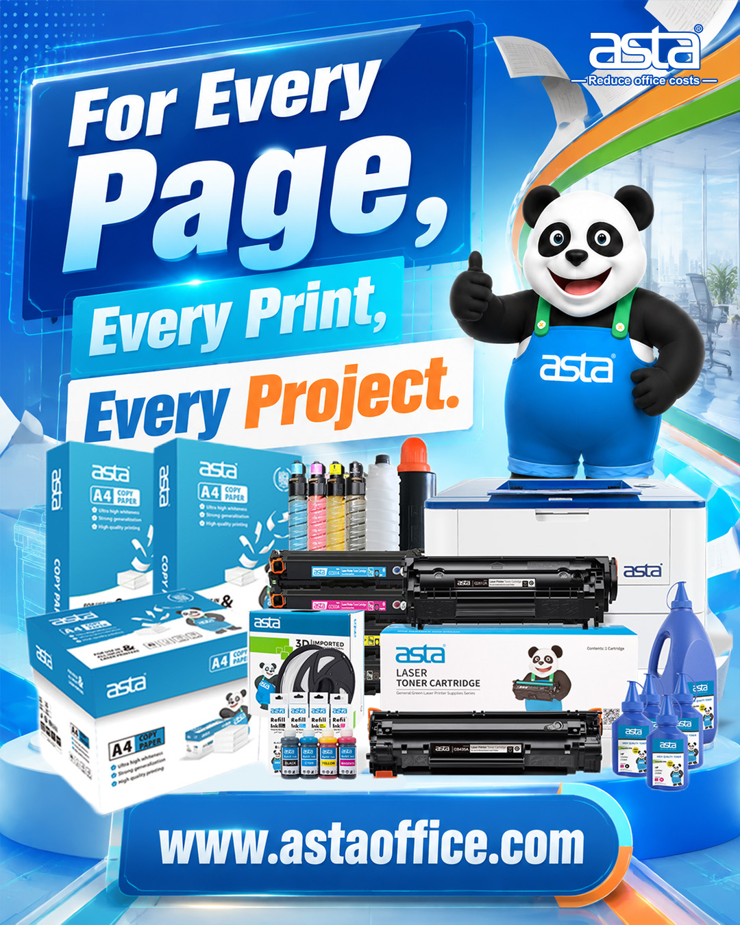 ASTA full product range poster showing A4 copy paper, toner cartridges, refill ink, toner powder, printer, 3D filament, and the ASTA panda mascot with the message “For Every Page, Every Print, Every Project.”