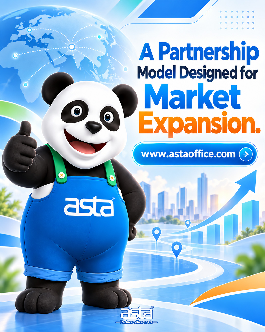 ASTA partnership poster showing the ASTA panda mascot, global map, city background, growth arrow, and the message “A Partnership Model Designed for Market Expansion.”