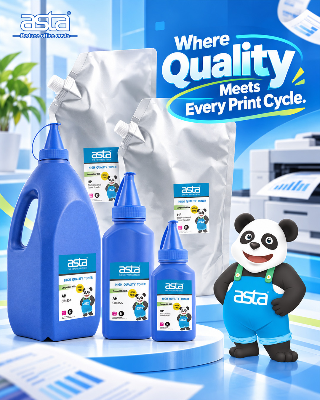 ASTA toner powder in several blue bottle sizes and large silver refill bags displayed with the ASTA panda mascot in a bright office printing environment, with a printer visible in the background.