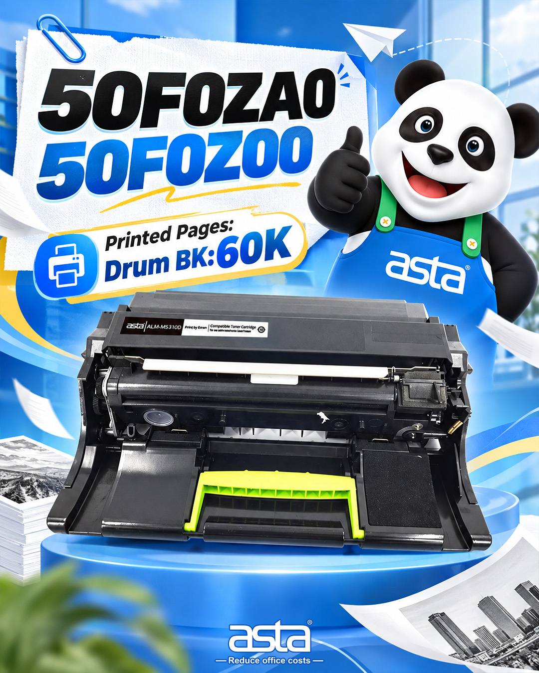 ASTA 50F0ZA0 / 50F0Z00 black drum unit displayed on a blue platform with the ASTA panda mascot. The promotional image highlights a stated black page yield of up to 60,000 pages.