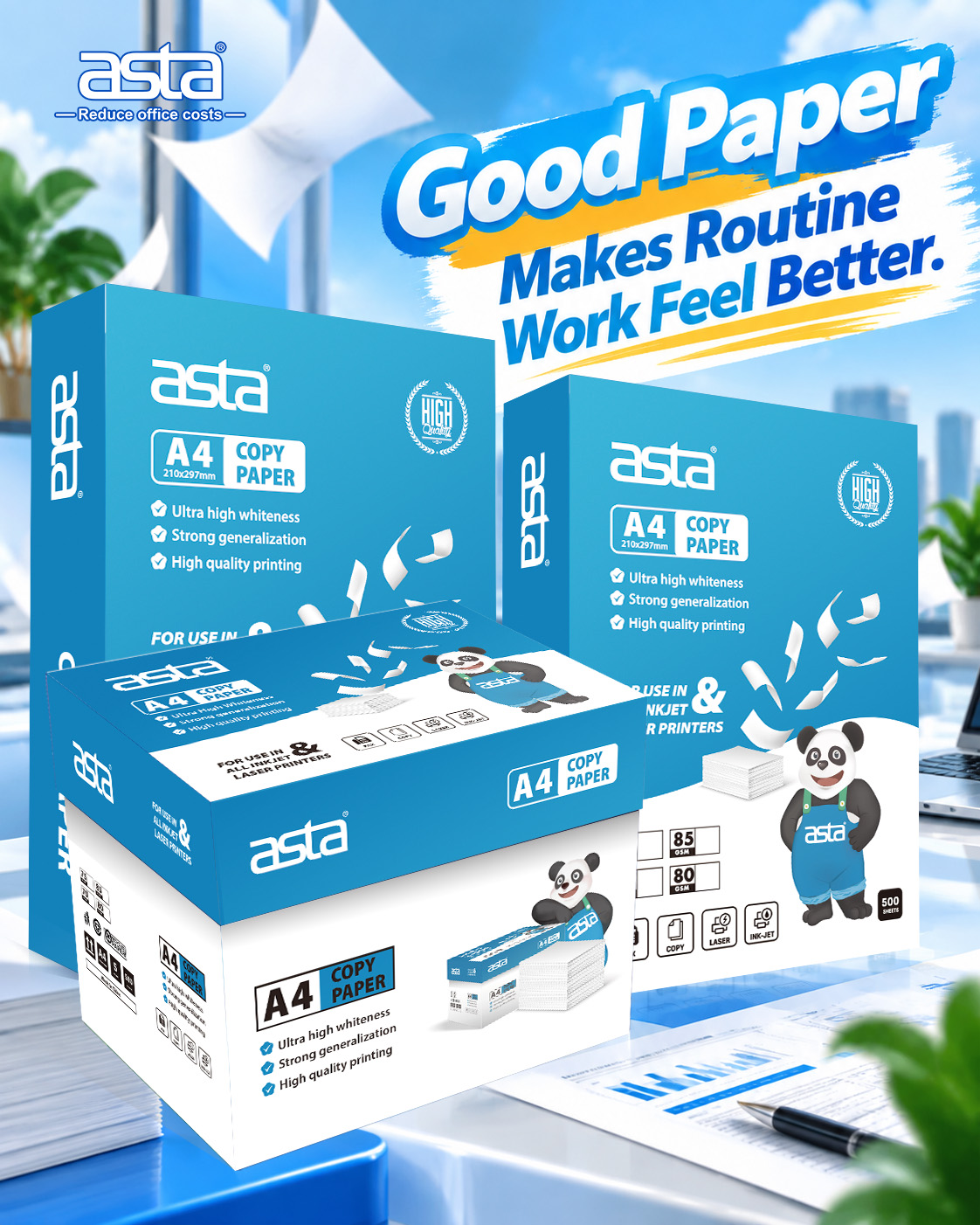 ASTA A4 Copy Paper boxes and reams displayed in a bright modern office with printed business documents nearby. The packaging shows 500 sheets and visible 80 GSM and 85 GSM options, with the headline “Good Paper Makes Routine Work Feel Better.”