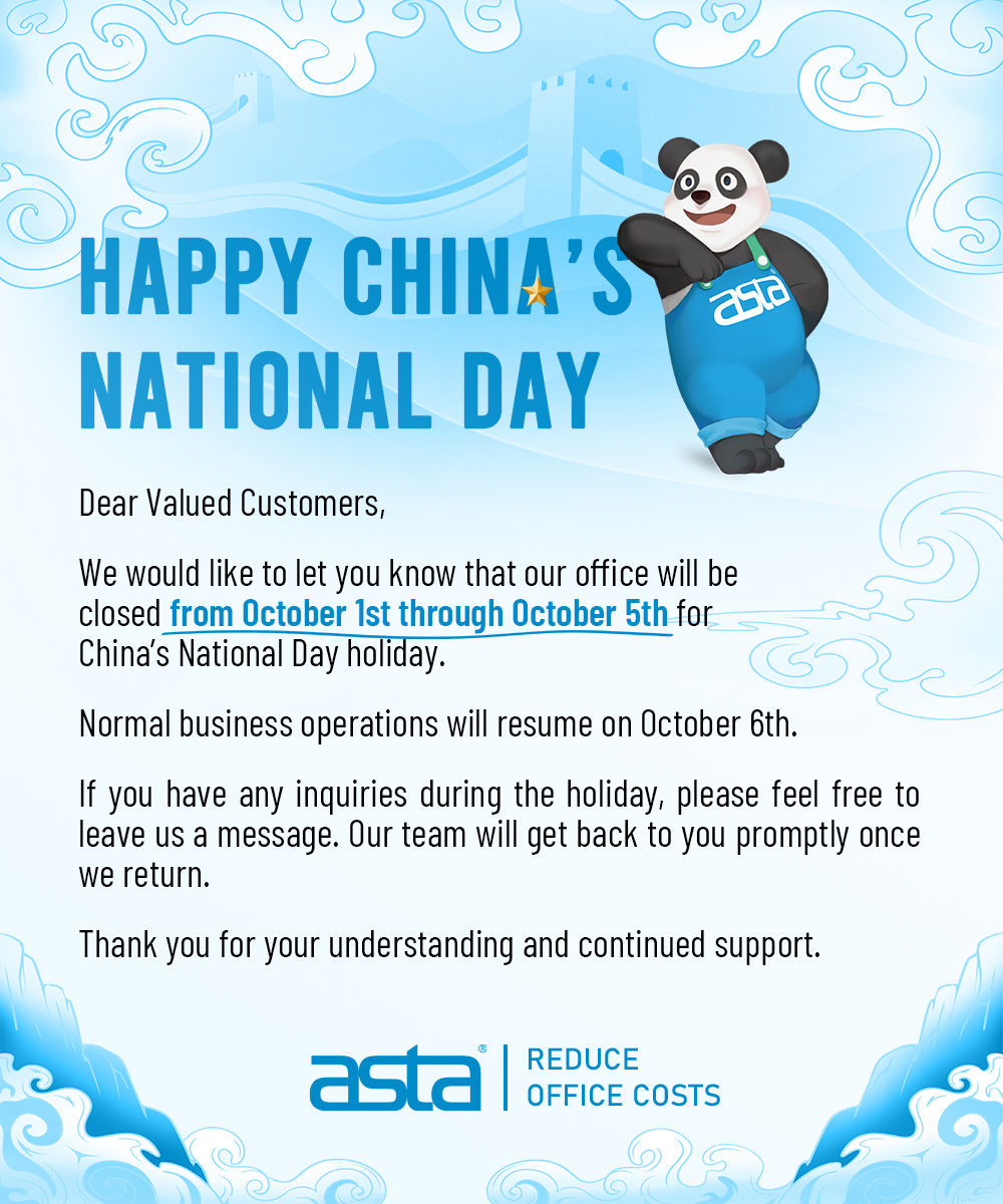 ASTA 2026 China National Day holiday notice featuring the ASTA panda mascot and blue Chinese-inspired Great Wall graphics. ASTA will be closed from October 1 through October 5 and resume normal business operations on October 6.