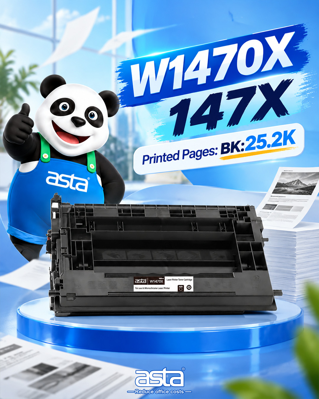 ASTA W1470X 147X high yield compatible monochrome laser printer toner cartridge with 25,200 pages output on blue display stand.