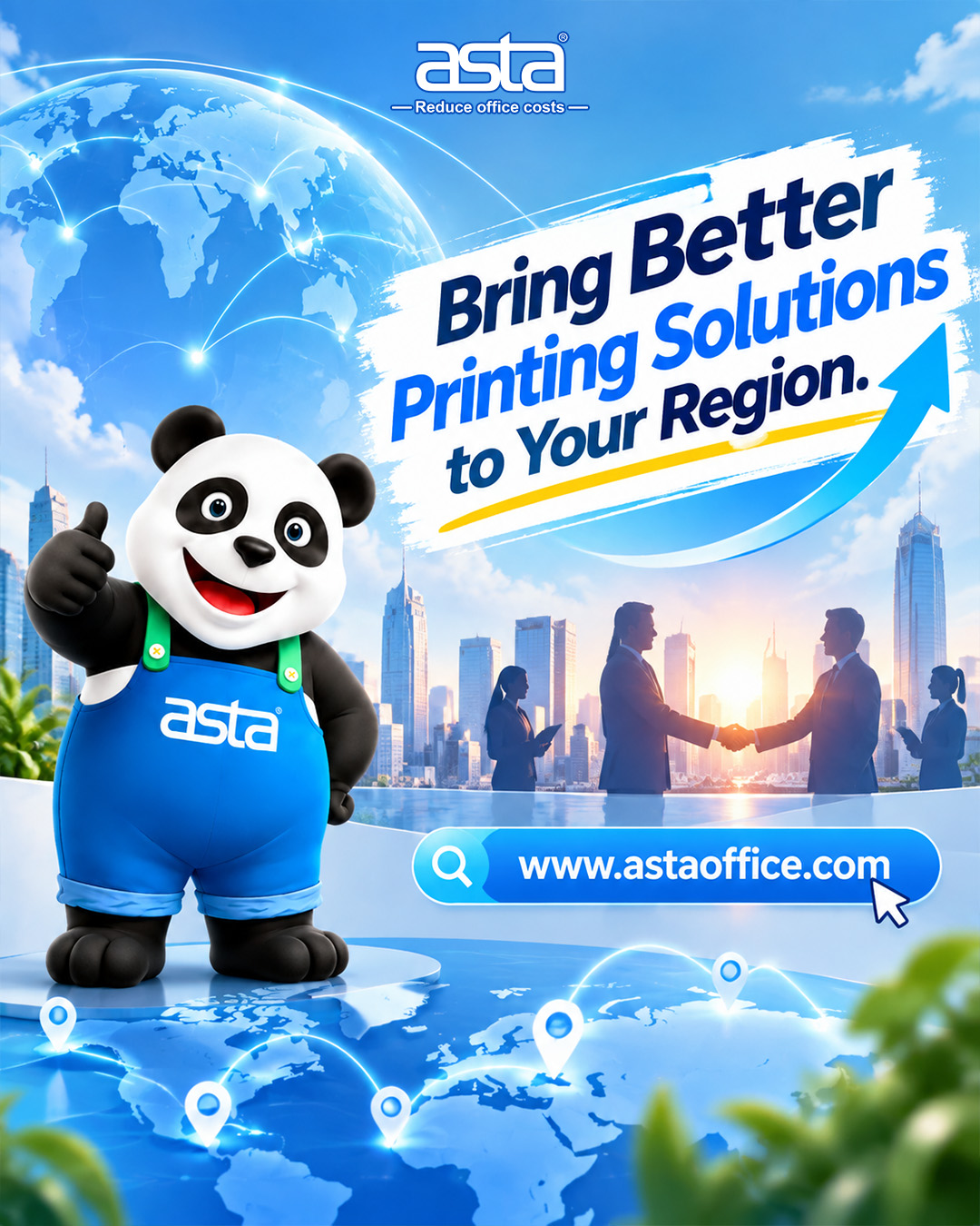 ASTA regional partner program poster: better printing solutions for your region, lower office costs. Join us as a distributor or reseller at [www.astaoffice.com](https://www.astaoffice.com)