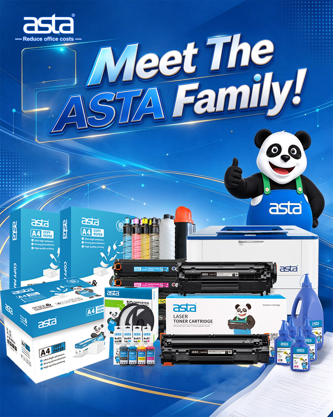 ASTA product range featuring a printer, toner cartridges, ink, A4 copy paper and 3D printing filament
